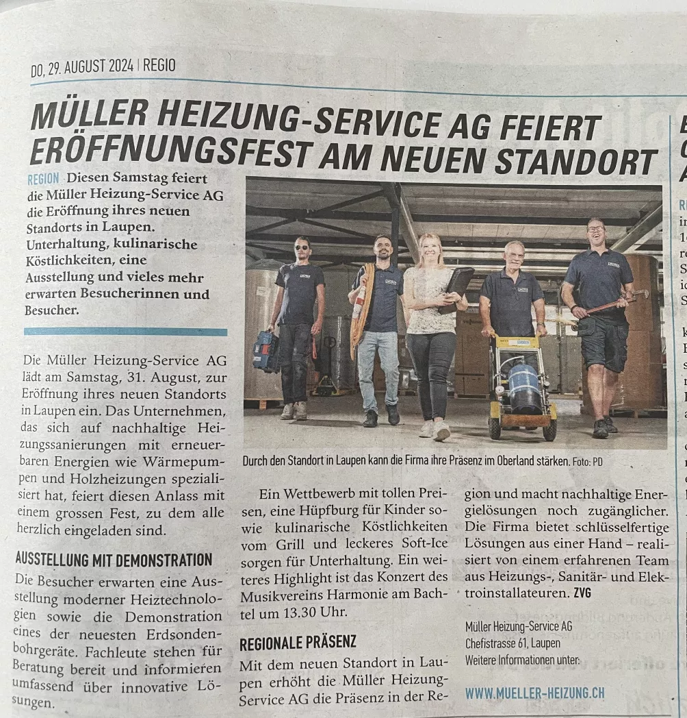 Zeitungsbericht zur Eröffnung am neuen Standort in Laupen ZH